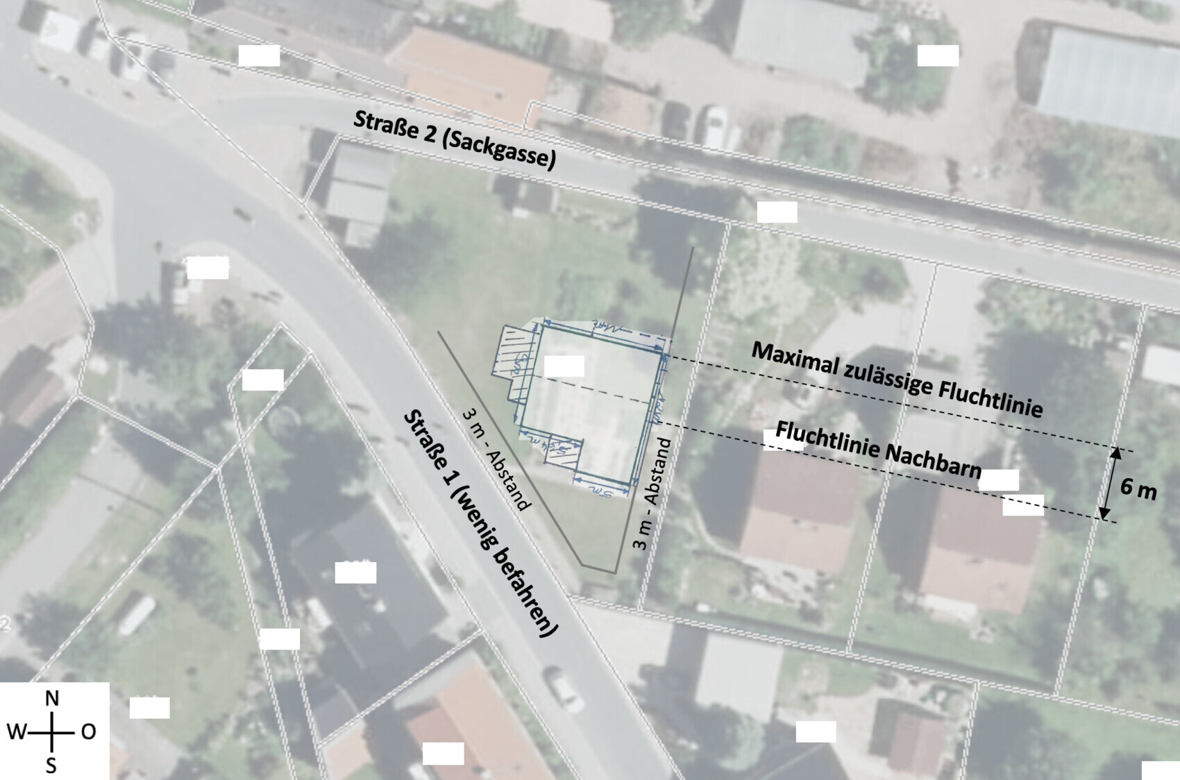 Site plan of a building plot with blue building mass and setback and alignment lines between two streets.