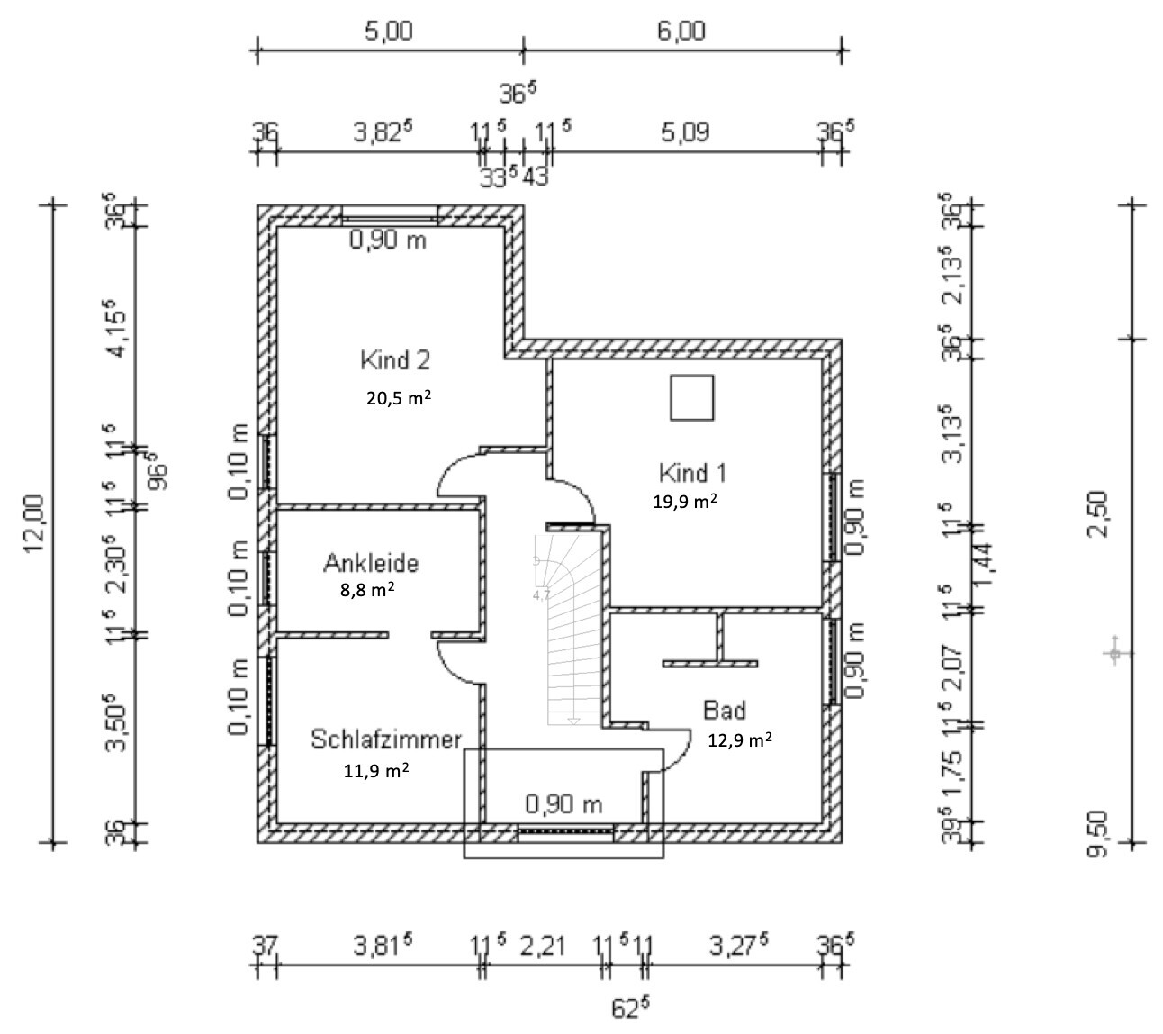 Upper floor plan with two children’s rooms, master bedroom, walk-in closet, bathroom, and staircase.