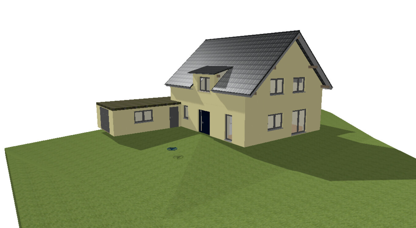 Two-storey beige house with gray gable roof and side garage on green lawn.