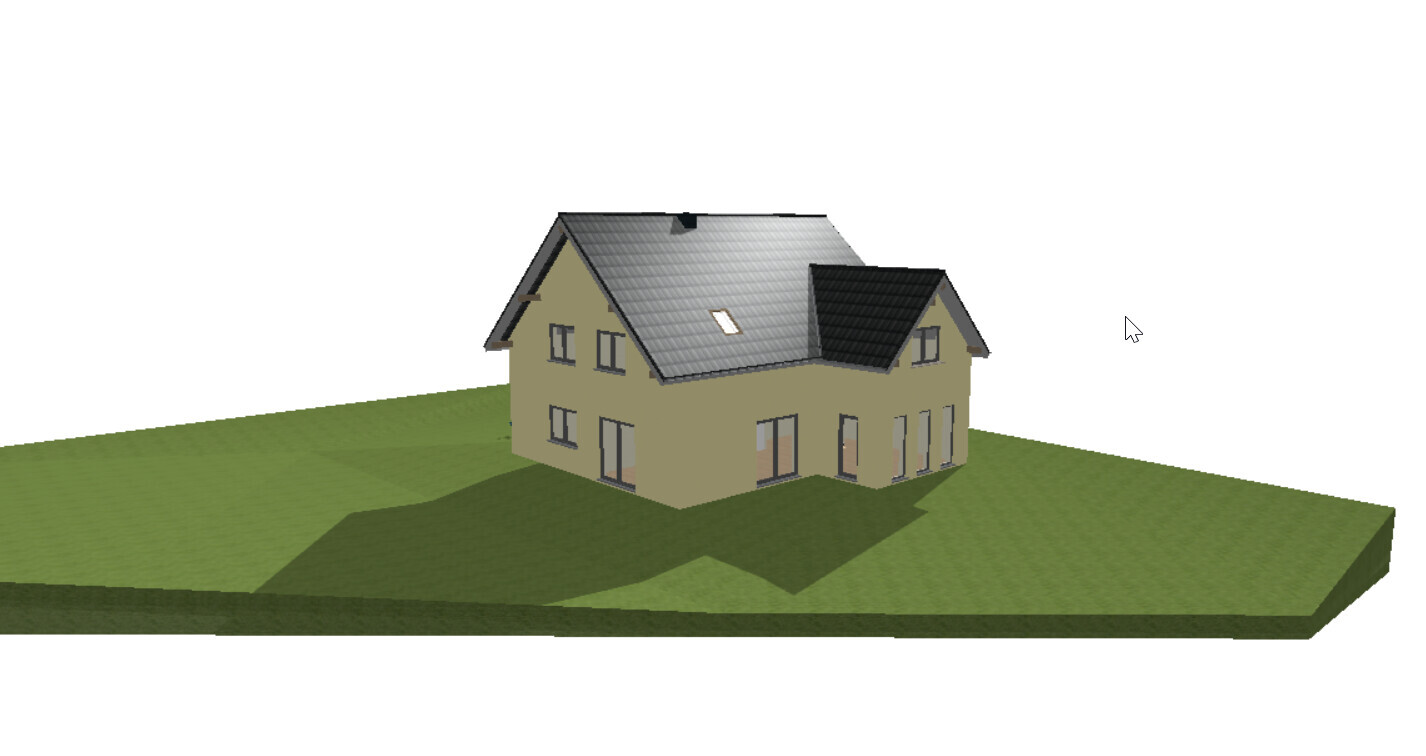 Two-storey beige house with gray tiled gable roof on green plot (3D rendering).