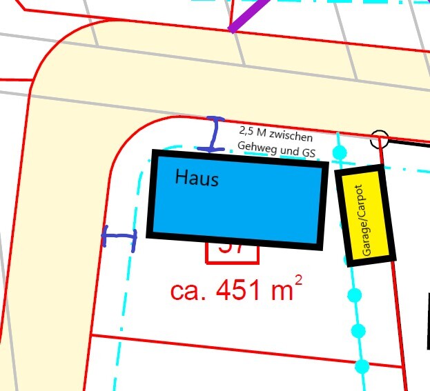 Floor plan: blue house rectangle next to yellow-black garage/carport; approx. 451 m² (4,855 sq ft).