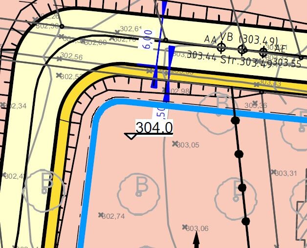 Map view: street curve, yellow/blue lines, pink area, dimension 304.0.