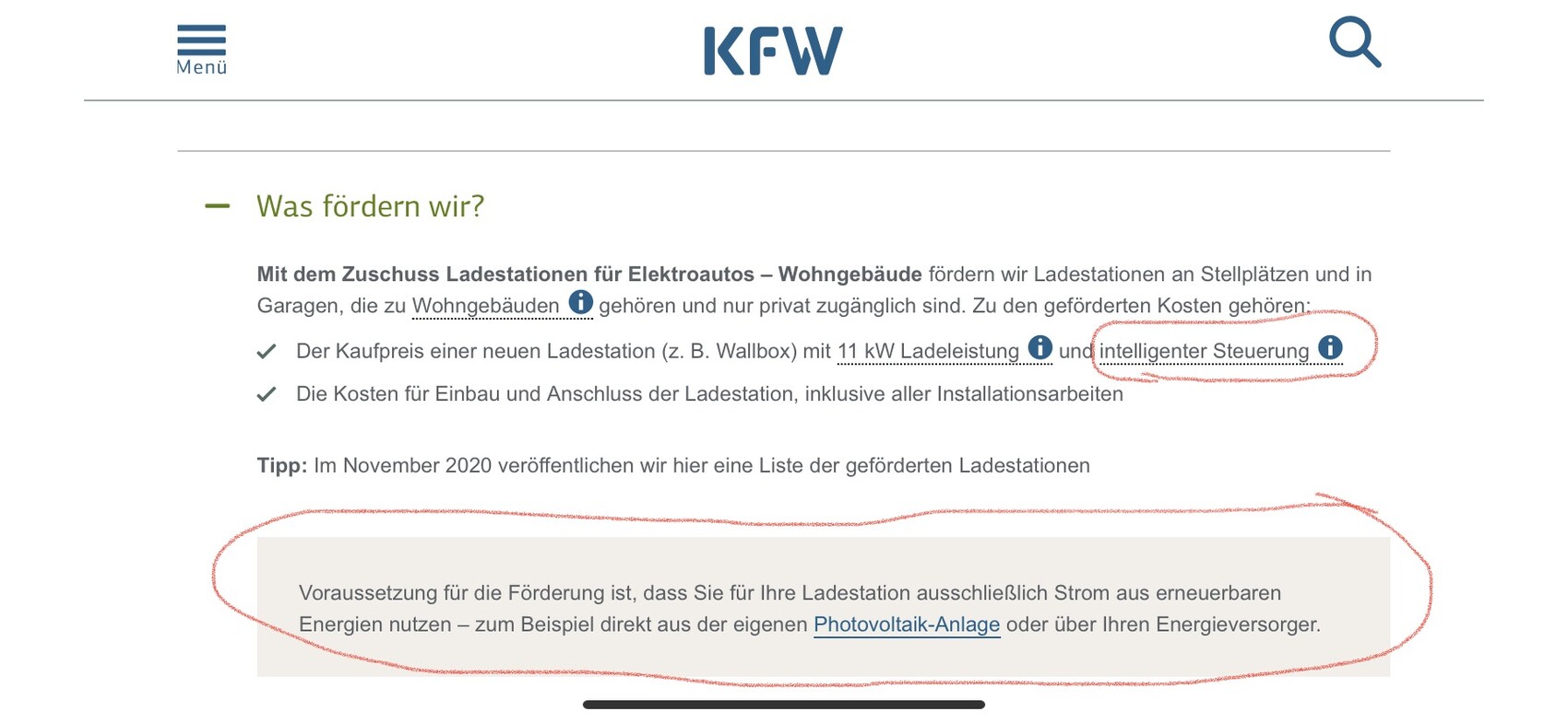 Screenshot einer KfW-Seite zur Förderung von Ladestationen für Elektroautos in Wohngebäuden