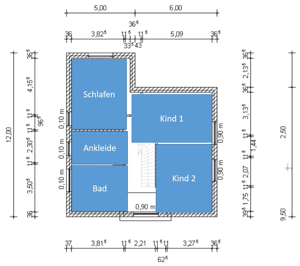 Floor plan of a house with bedroom, dressing room, bathroom, child 1 and child 2 around central staircase