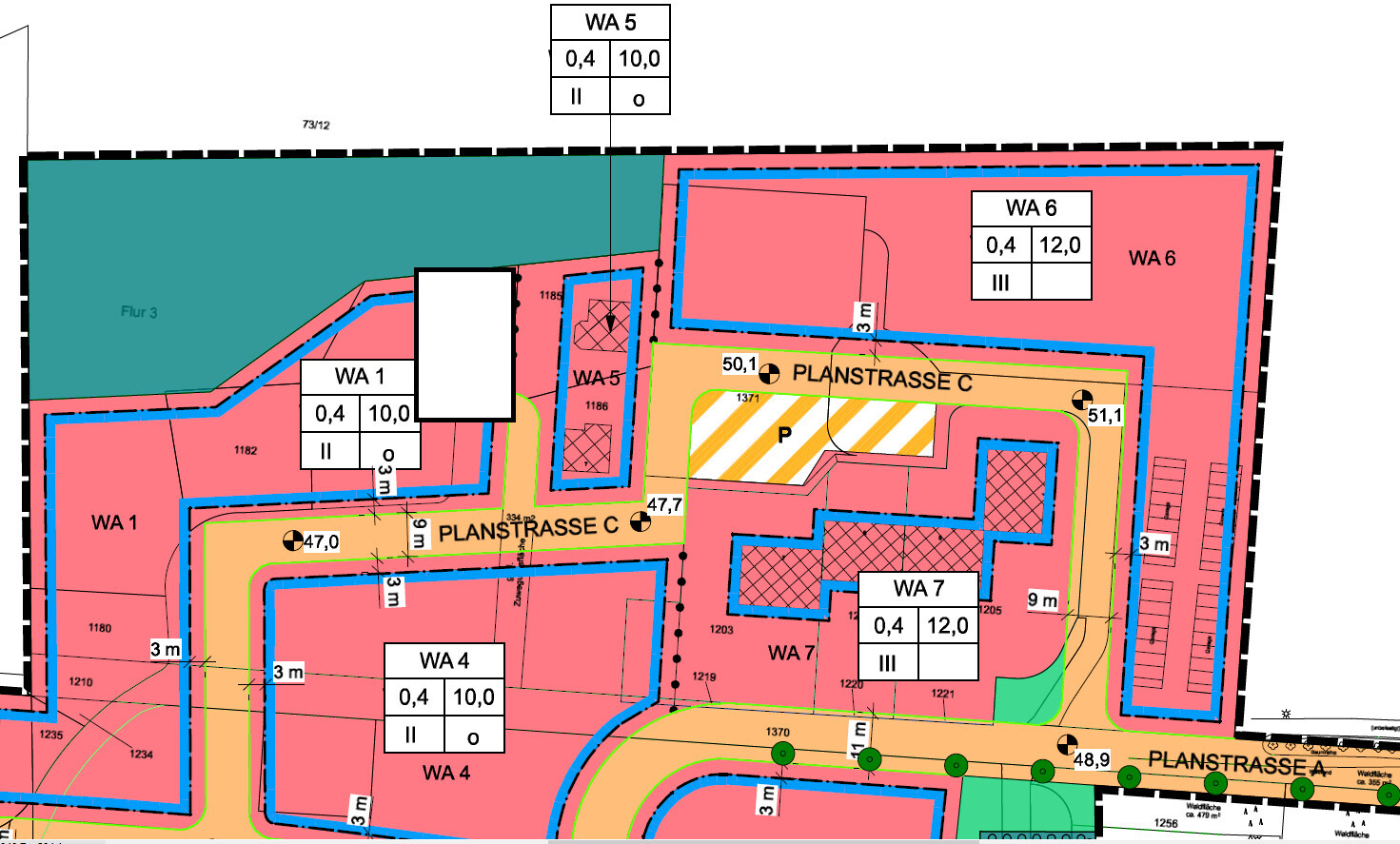 Location plan of a residential area with zones WA 1-7, Plan street C/A, color-coded.