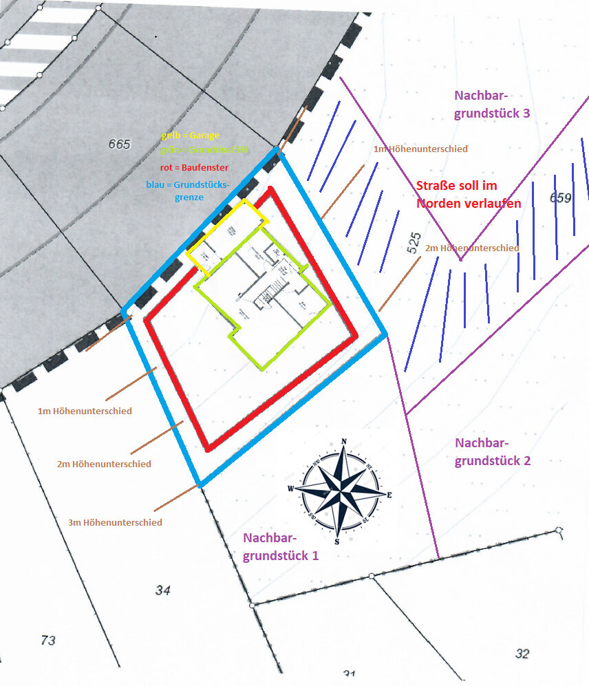 Site plan of a plot with colored outlines, neighboring plots 1–3 and north arrow.
