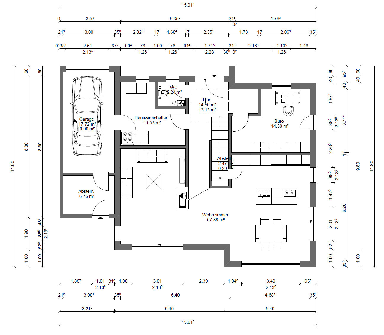 Floor plan of a house: garage, utility room, living room, kitchen, office, hallway, WC, storage room.