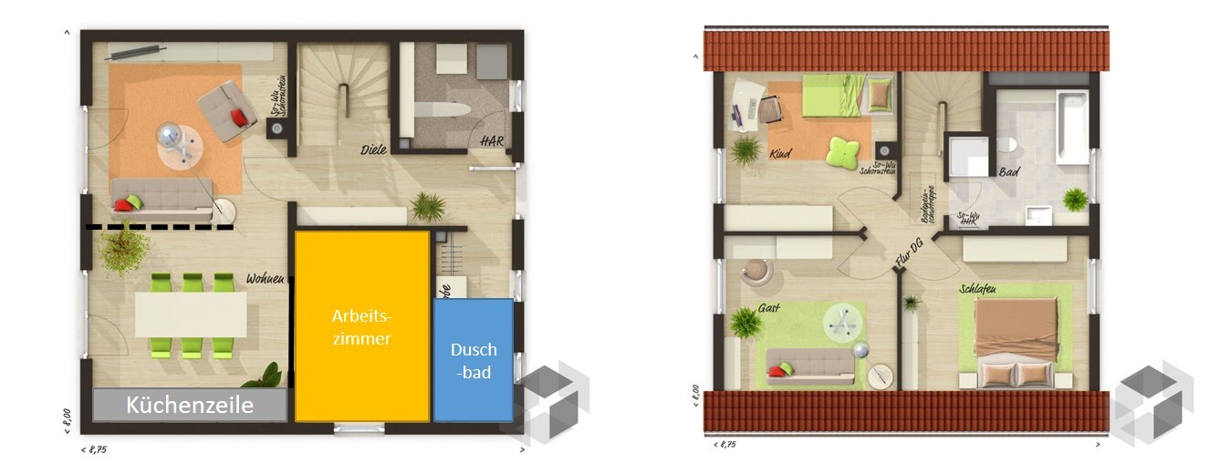 Two-story floor plan: Ground floor with kitchen, living, office; upstairs with bedrooms and children’s/guest room