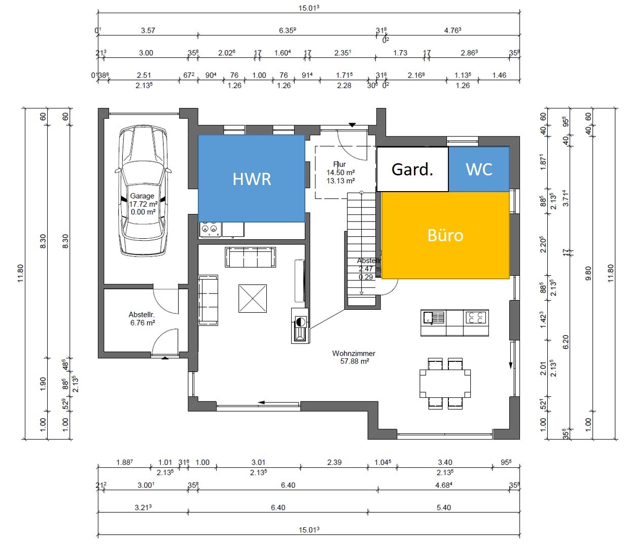 Floor plan of a house: garage on the left, utility room in blue, small cloakroom, WC in blue, office in yellow, large living room.