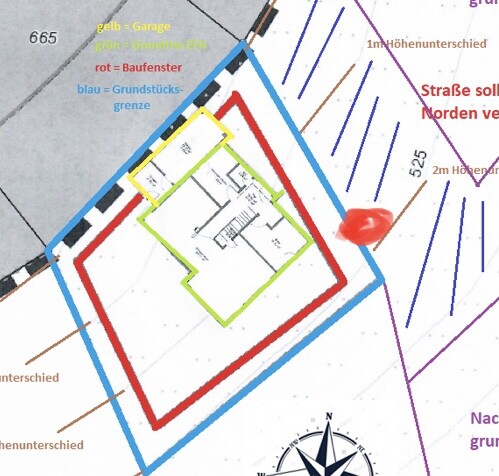 Site plan of a plot with color-coded floor plan lines and boundaries for house construction.