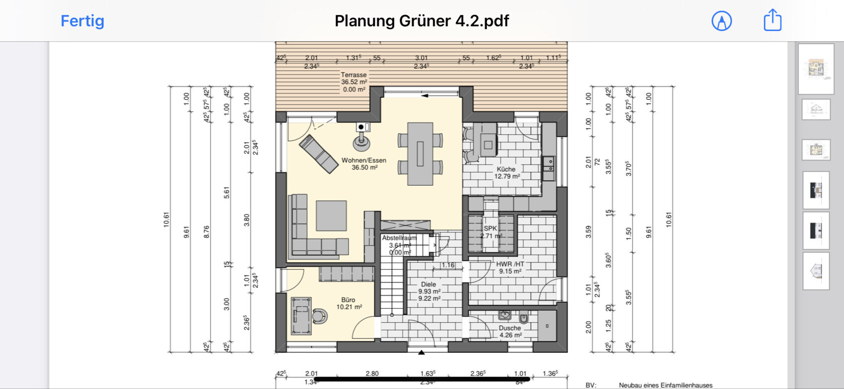 House floor plan: open living/dining, kitchen, office, storage room, terrace.