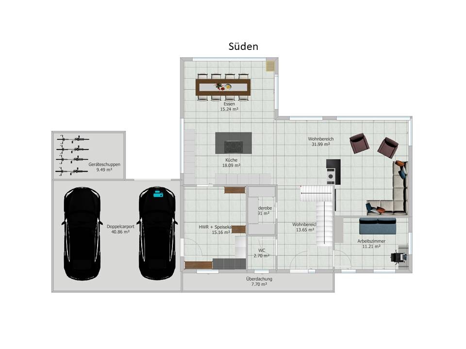 Floor plan of a house: kitchen, dining, living room, office, guest toilet, utility room, two-car garage.