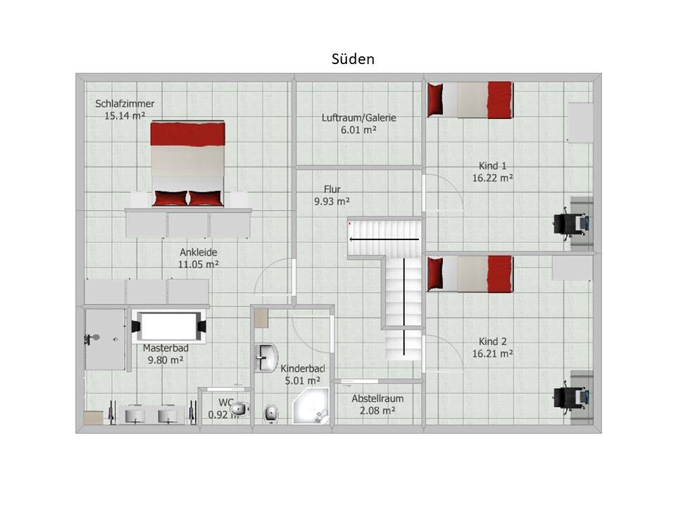 Floor plan: bedroom, walk-in closet, master bathroom, children’s bathroom, two children’s rooms, hallway, stairs.