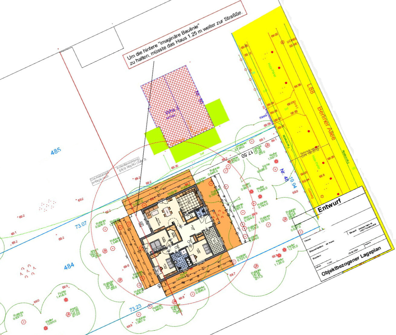 Architektur-Lageplan: Grundriss eines Hauses mit Gartenflächen, gelber Entwurfbereich rechts.