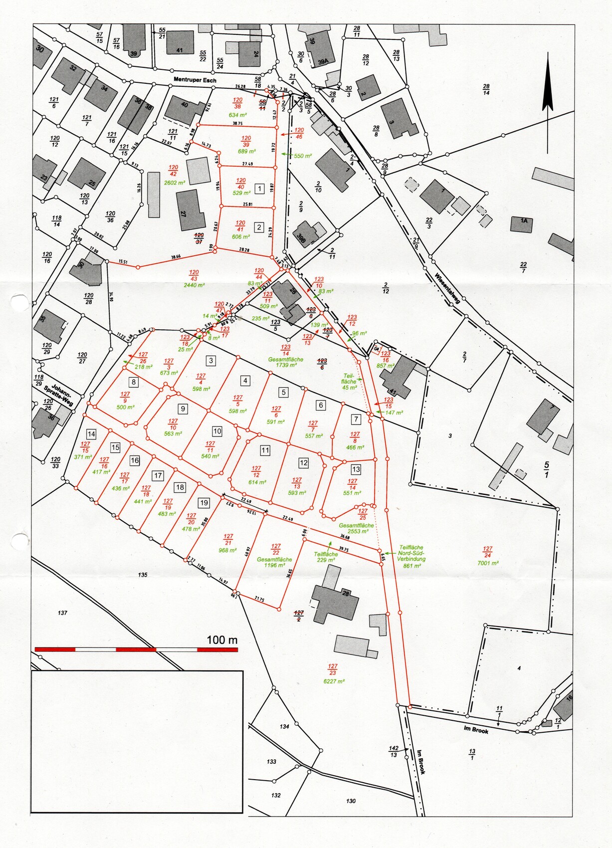 Cadastral site plan with parcels marked in red, buildings, streets and scale of 100 m.