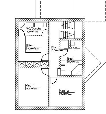 Grundriss eines Familienhauses mit Eltern- und zwei Kinderzimmern, Flur, Bad und WC