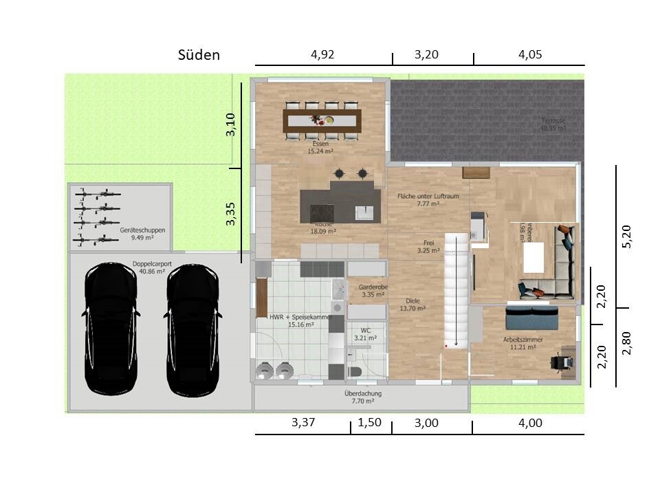 Floor plan of a house: garage, double carport, garden, terrace, kitchen, dining area, living room