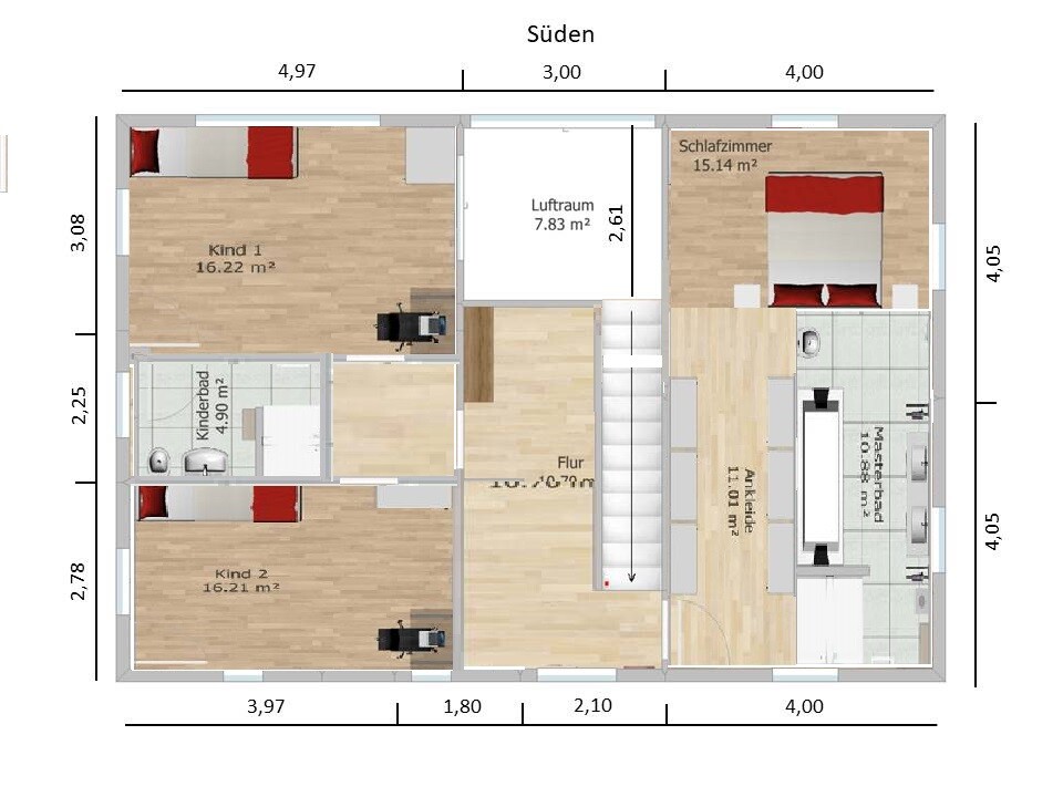 Floor plan of a residential house: two children’s rooms, one bedroom with dressing room, bathroom, hallway, and open space