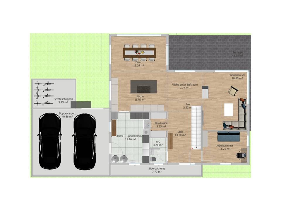 Floor plan of a house: kitchen, dining area, living room, study, WC, utility room, cloakroom, carport