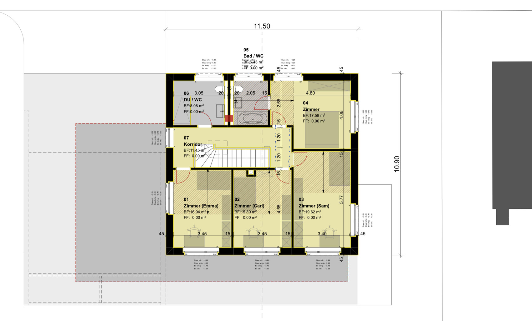 Floor plan of an apartment with hallway, 5 rooms, bath/WC and shower/WC, doors marked