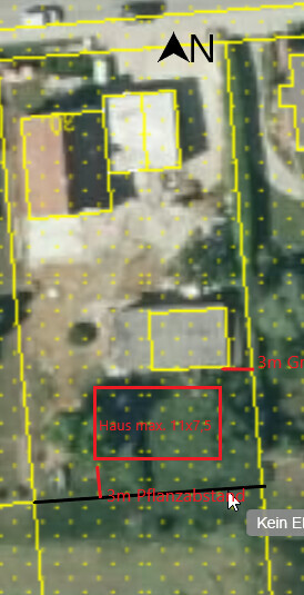 Luftbild eines Grundstücksplans mit gelben Grenzlinien, roter Text 'Haus max. 11x7,5' und 3m Abstand