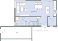 Grundriss eines Hauses mit offener Wohn- und Kuechenbereich, Essbereich und Treppe