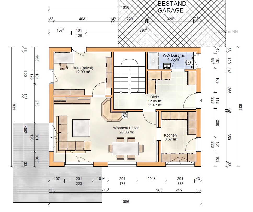Grundriss eines Hauses: Wohnzimmer mit Essecke, Küche, Büro, WC/Dusche, Diele und Treppenhaus.