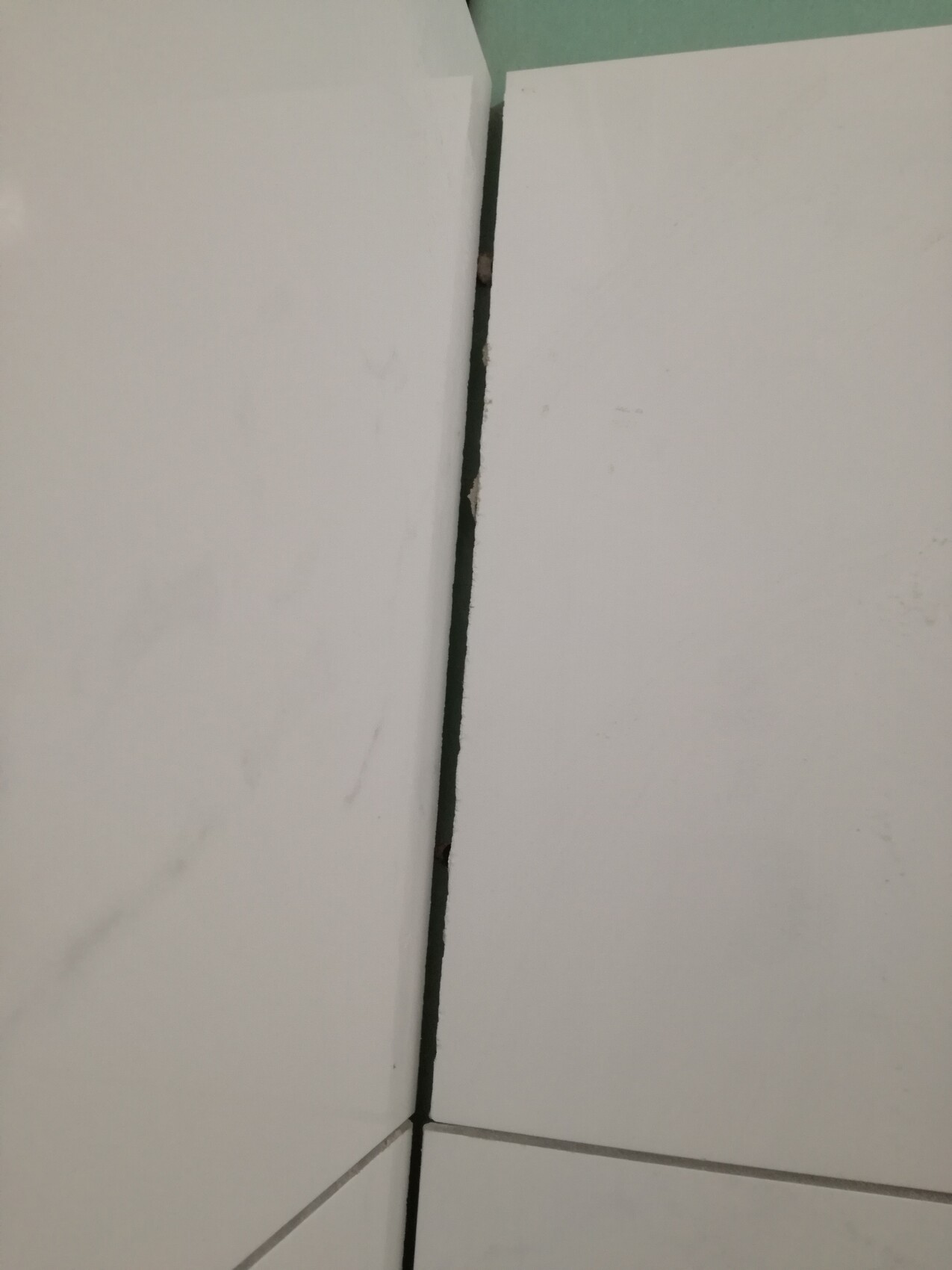 Close-up of a dark gap between two white tiles.