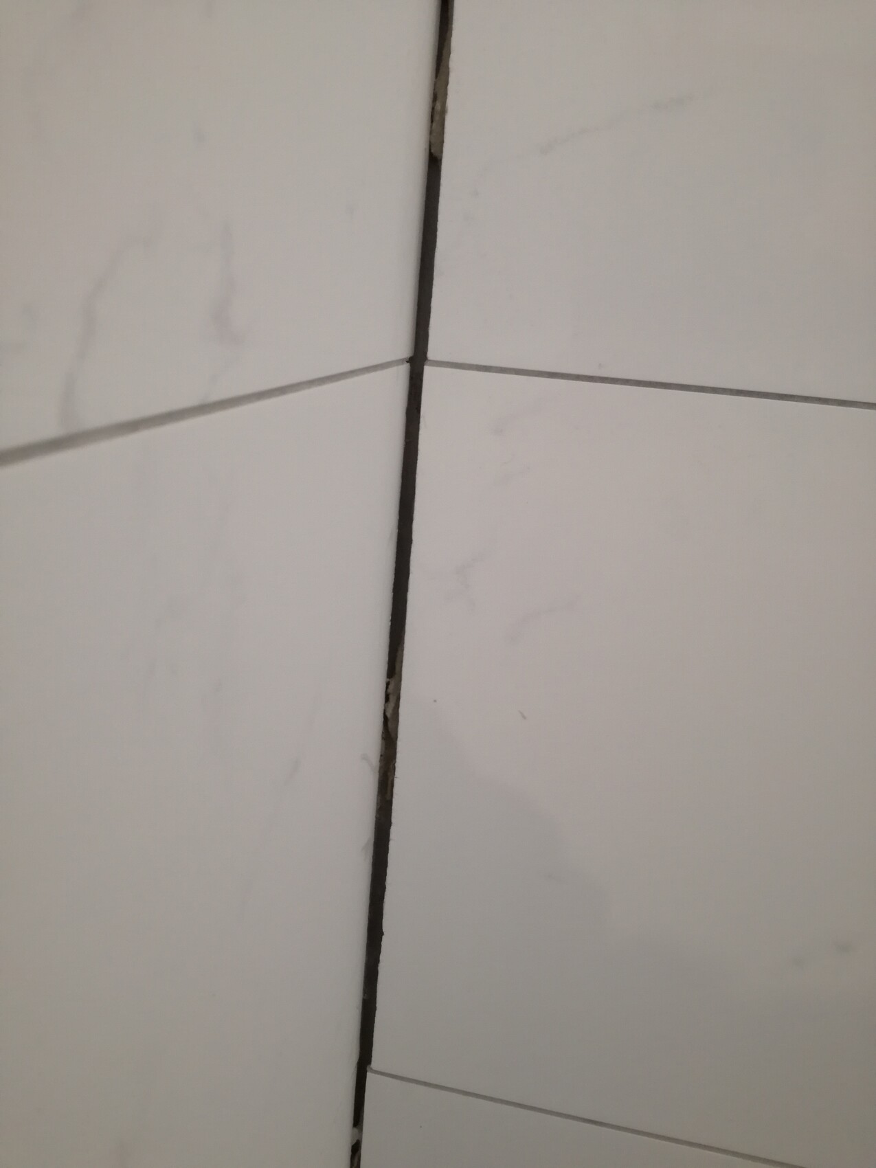 White tiles with gray marble pattern, dark grout line with a crack between tiles.