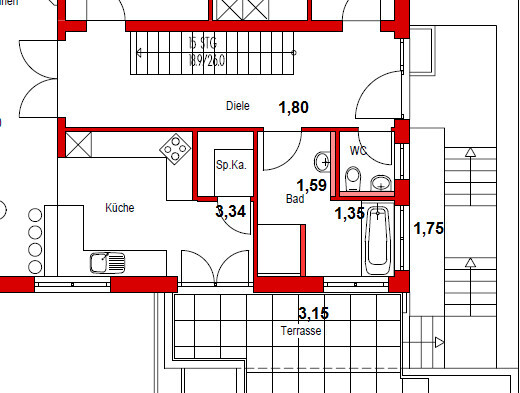 Grundriss eines Wohnungsplans mit Küche, Diele, Bad, WC und Terrasse.