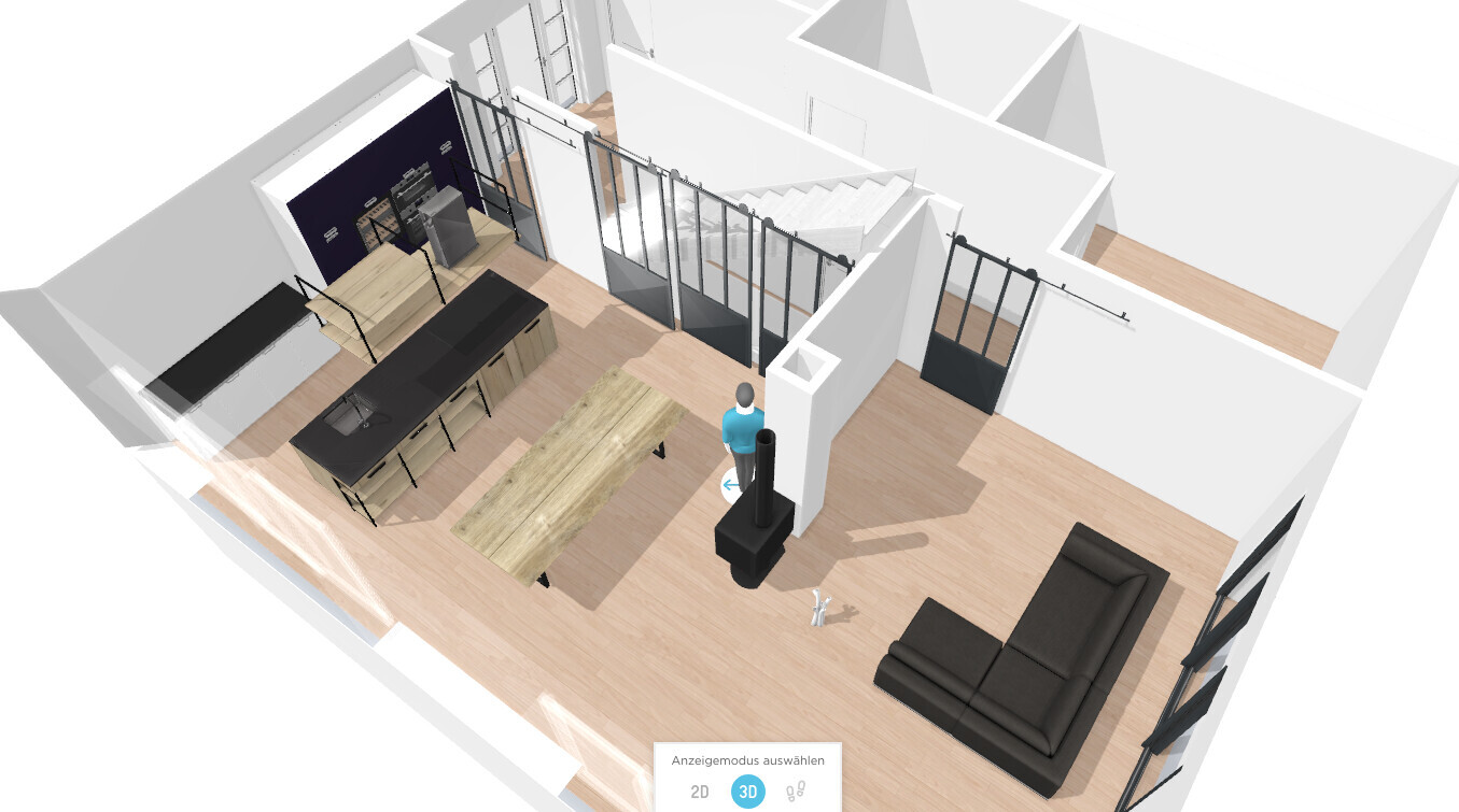 3D-Ansicht: offener Wohn- und Küchenbereich mit Insel, Esstisch, Sofa und Kaminofen.