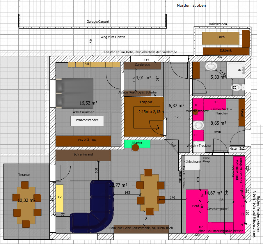 Floor plan of a house with living room, study, stairs, kitchen, utility room and terrace.