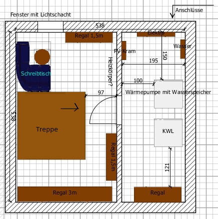 2D floor plan of a house with stairs, desk, shelves and technical area