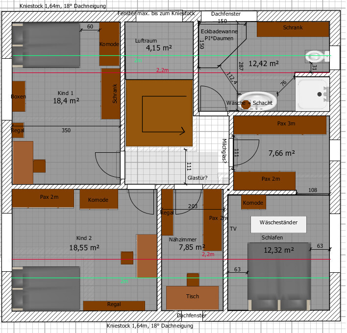 Floor plan of an apartment with child 1, child 2, bedroom, sewing room, laundry, bathroom, kitchen.