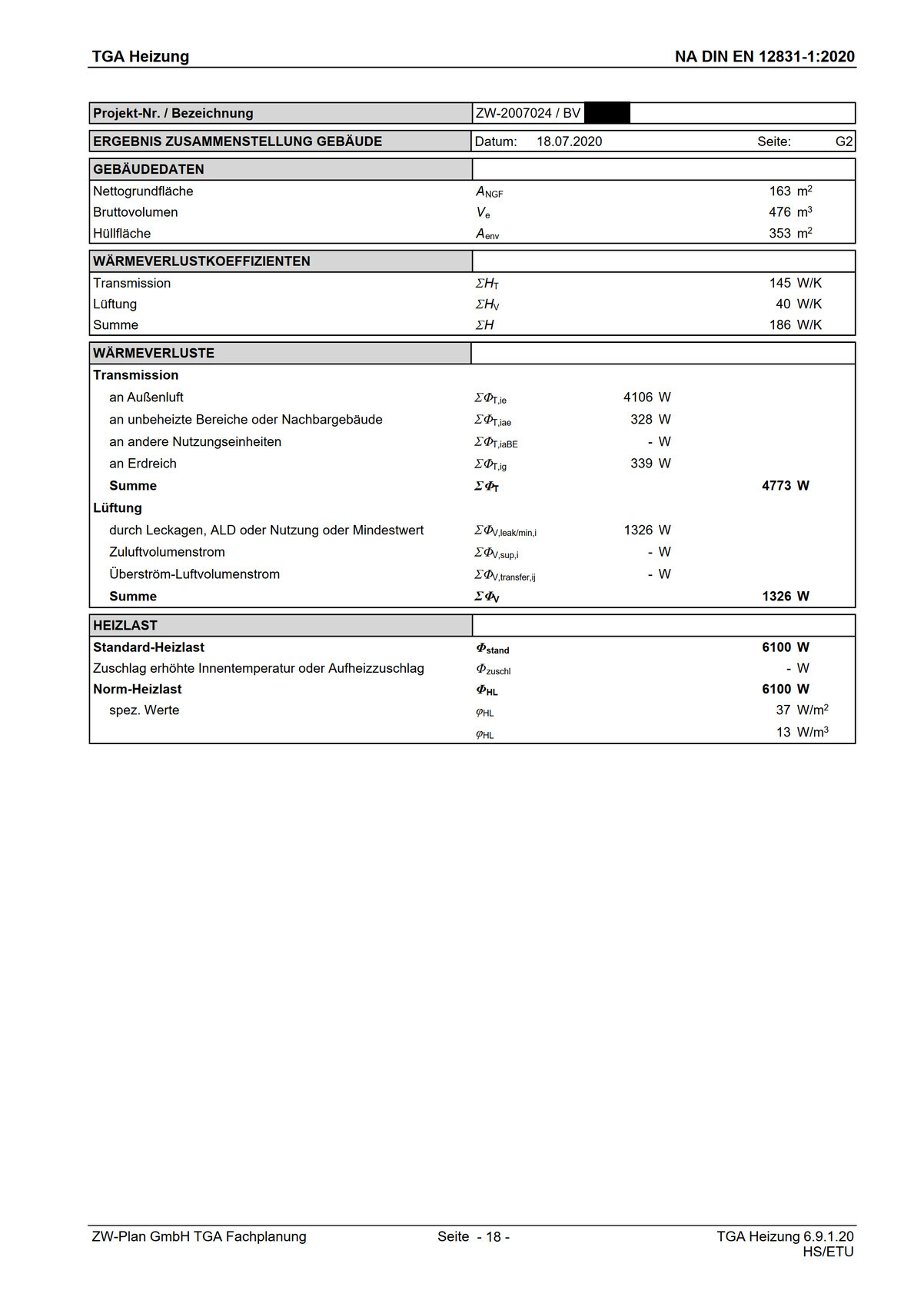 Heating load report with building data and heat losses as a tabular summary.