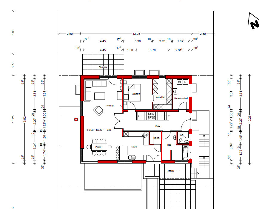 Grundriss eines Hauses: Räume Wohnen, Essen, Küche, Schlafen, Bad; rote Wände und Terrasse.