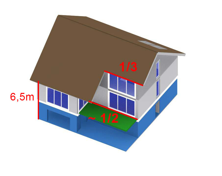 Isometrisches Hausmodell mit braunem Dach, Glasfronten, blauem Sockel und grünem Vorplatz; 6,5 m hoch