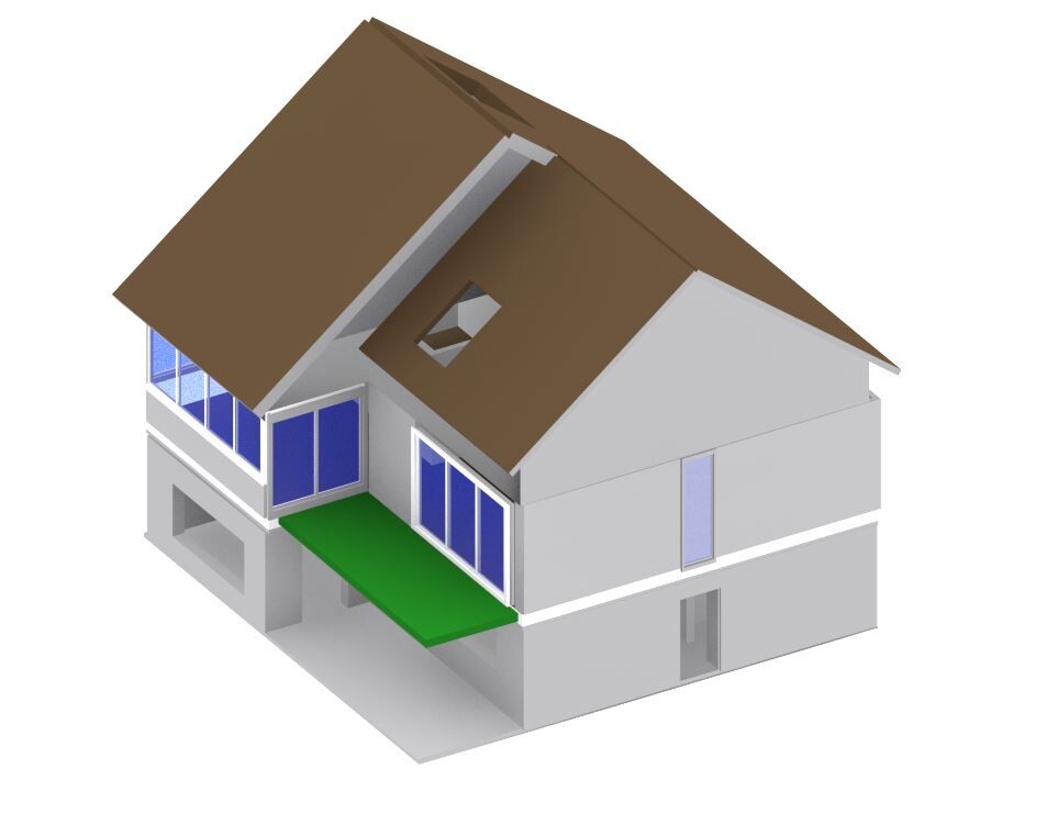 3D isometric house with brown roof, large glass windows, and green terrace
