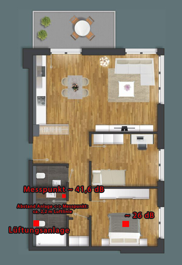 Modern apartment floor plan with kitchen, dining area, living room, bedroom and terrace.