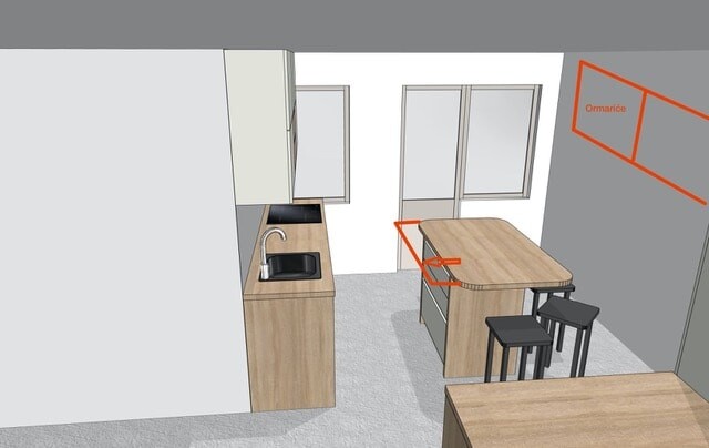 Kitchen with wooden cabinets, sink, countertop, window, and dining table with bar stools.