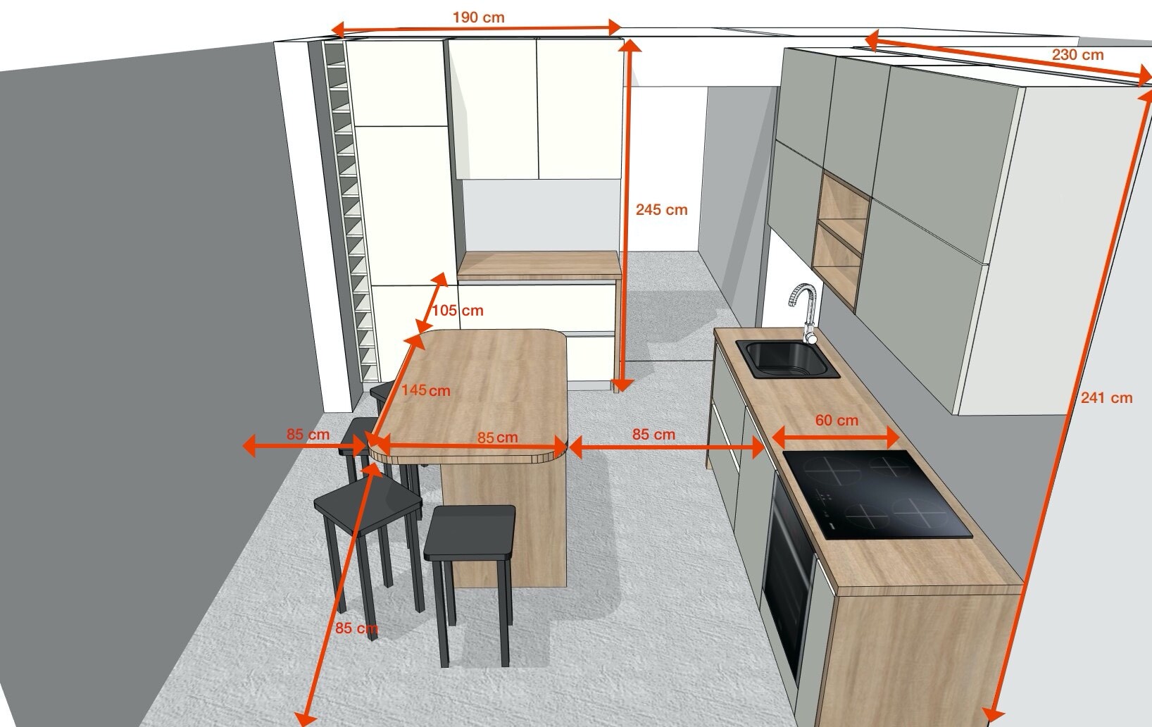 Kitchen layout with island, sink, stove, and cabinets; orange measurements marked.