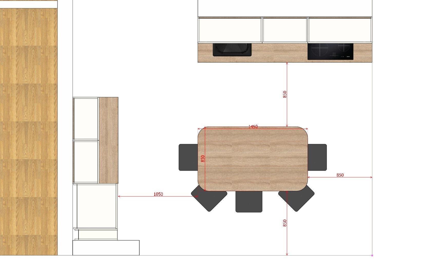 Floor plan: open kitchen with cooking island at the top, rectangular wood table with chairs, wood floor.
