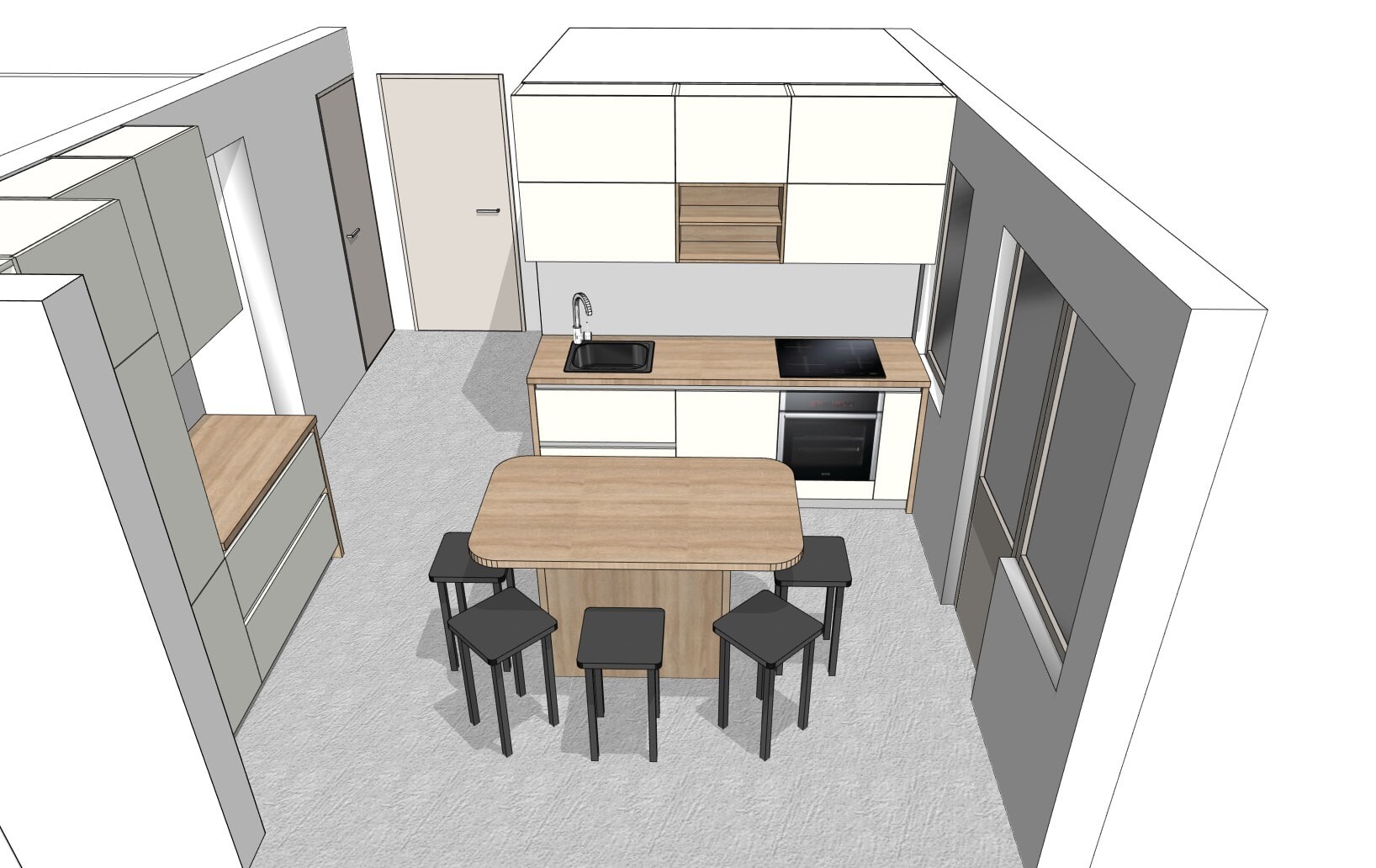 Modern kitchen with island, dining table and bar stools, sink, stove, upper and lower cabinets.
