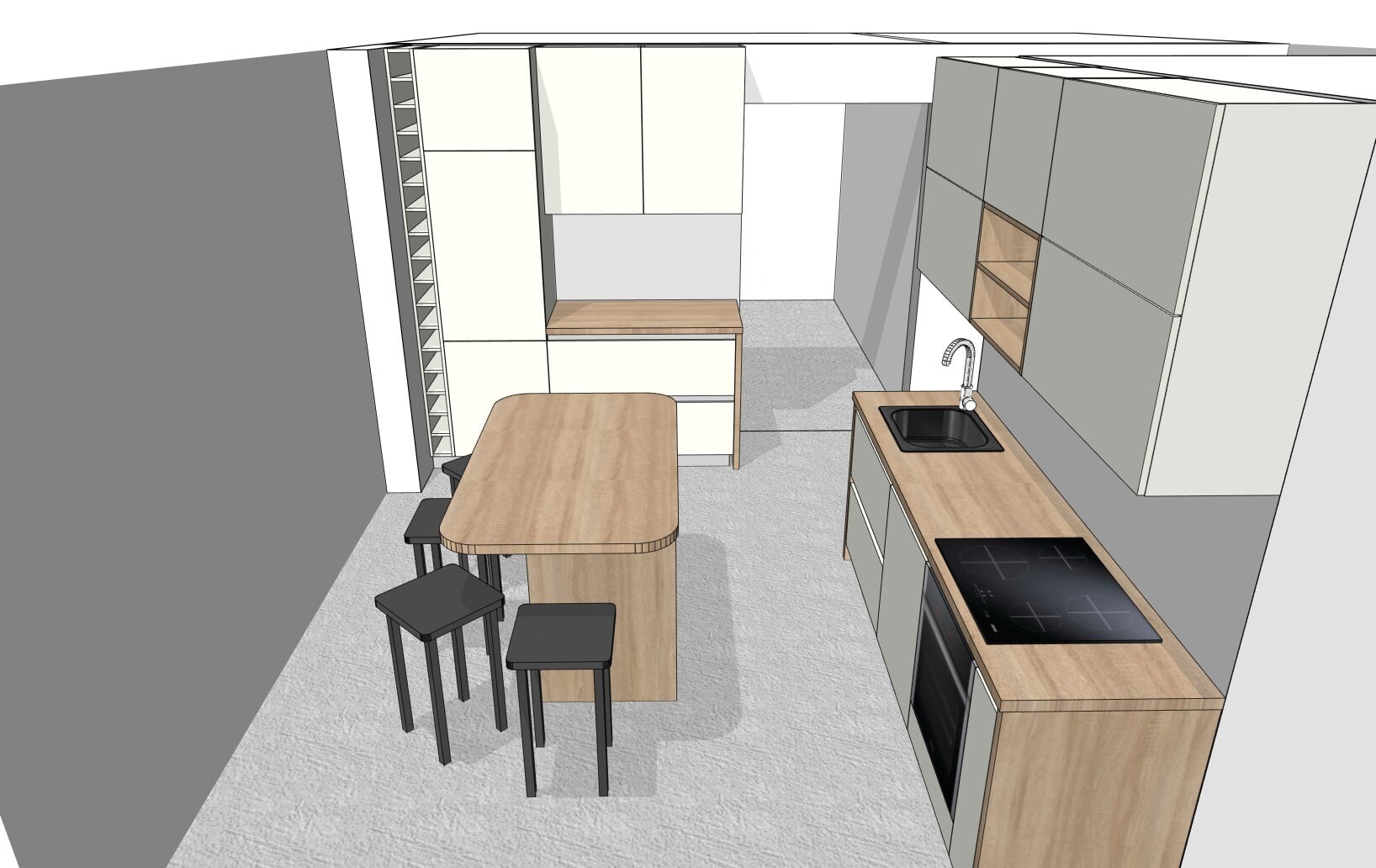 Modern kitchen with wooden island, three black bar stools, sink, stove, gray cabinets.