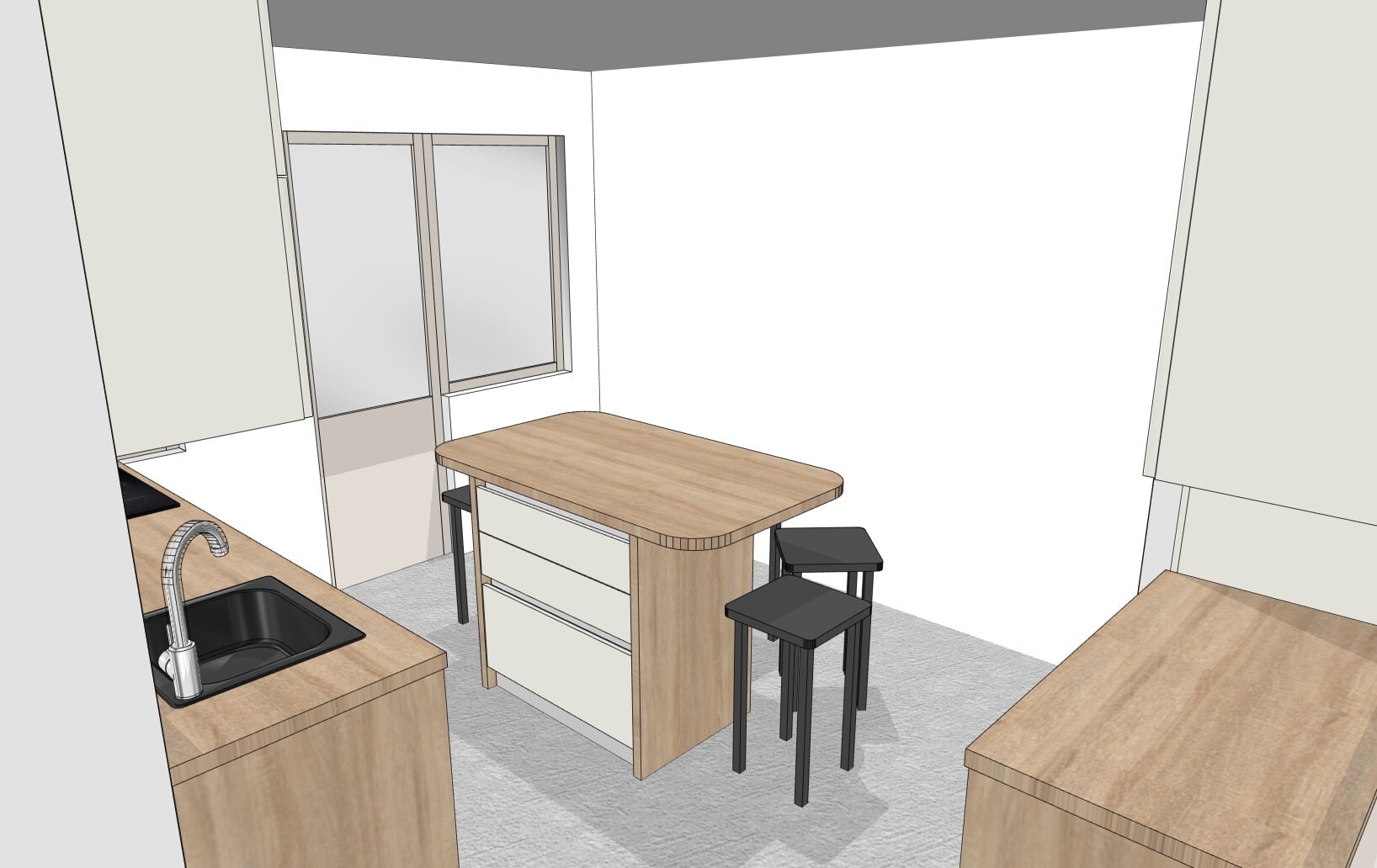 Modern kitchen with wooden island, sink on the left, window front, two black bar stools.