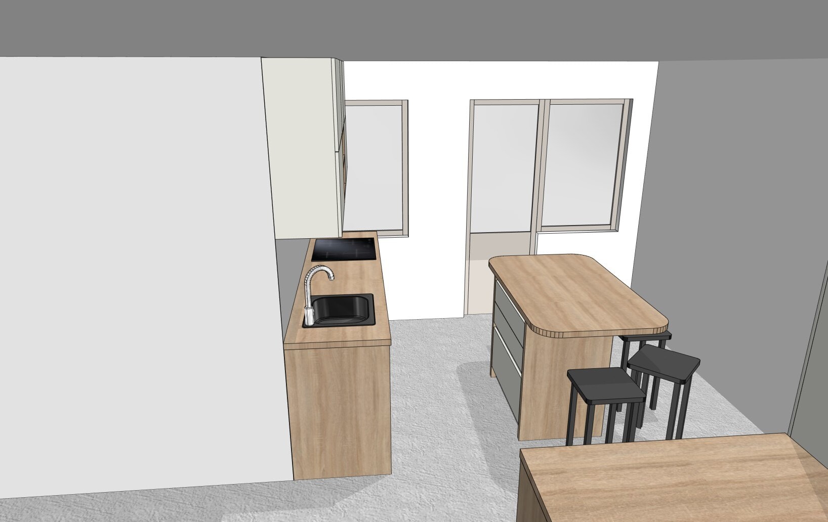 Kitchen design with wooden island, sink, cooktop, wall cabinets, and two windows.