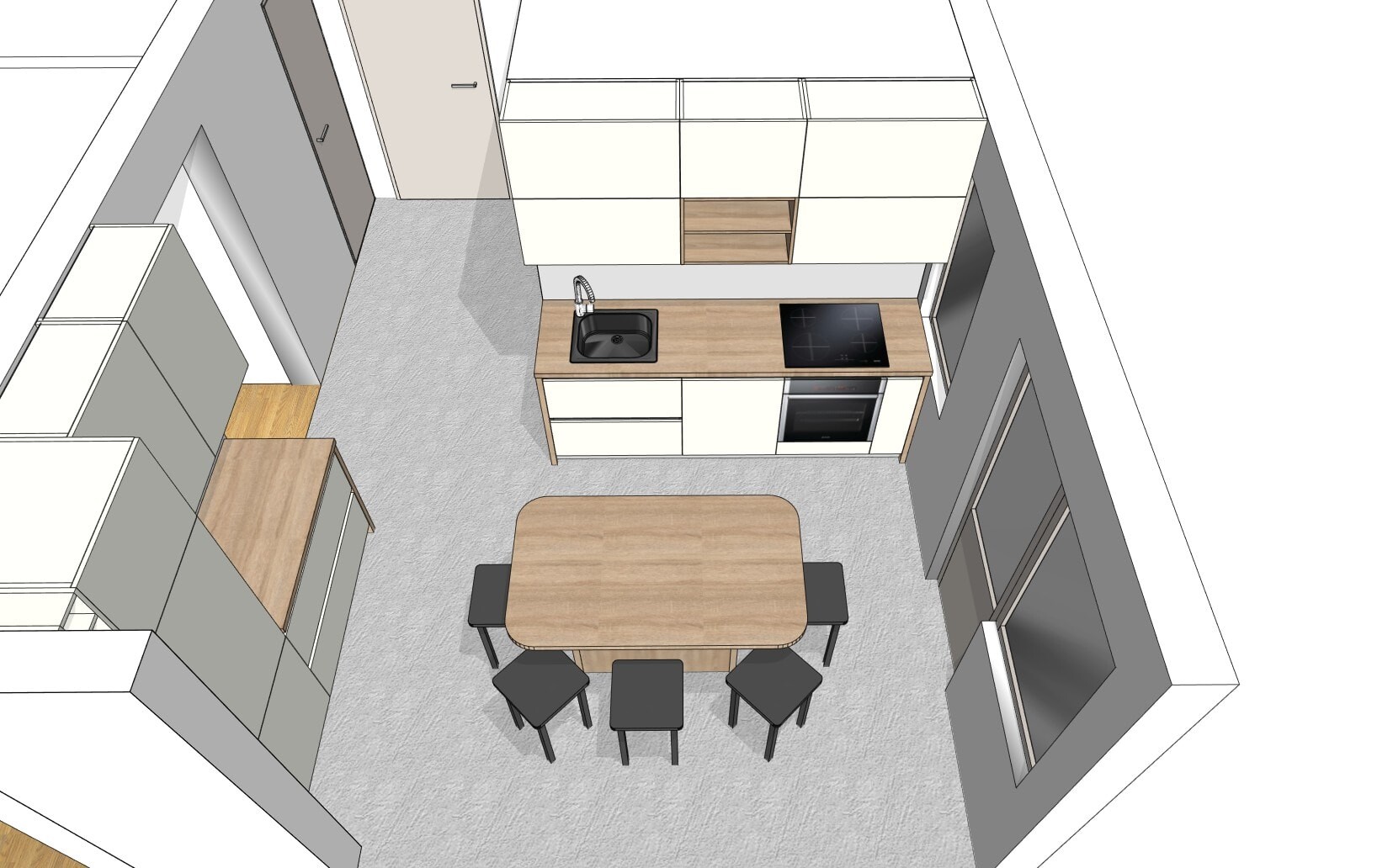 Kitchen room from above: wooden dining table, six black chairs, sink, stove, white cabinets.