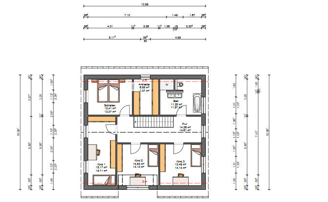 Grundriss eines Hauses mit Schlafzimmer, drei Kinderzimmern, Bad, Flur und Treppe