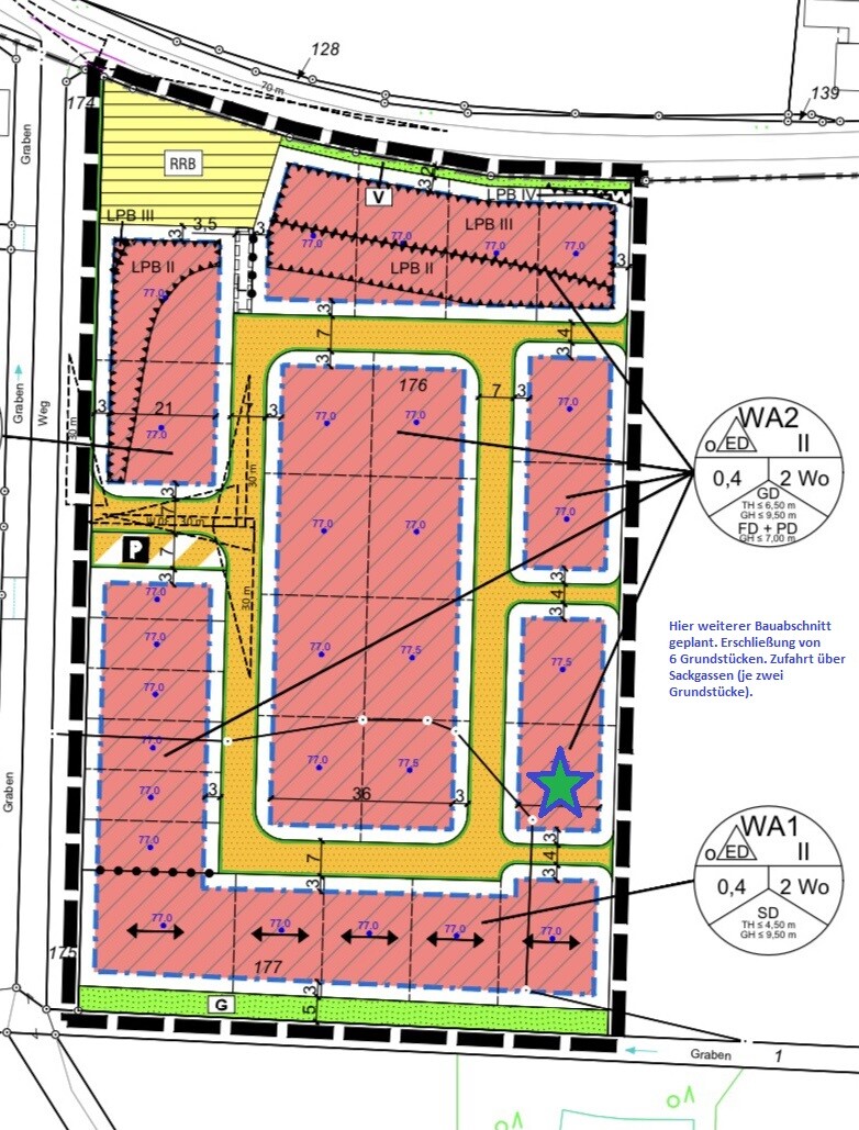 Site plan: red marked building areas, yellow streets, blue boundary lines.