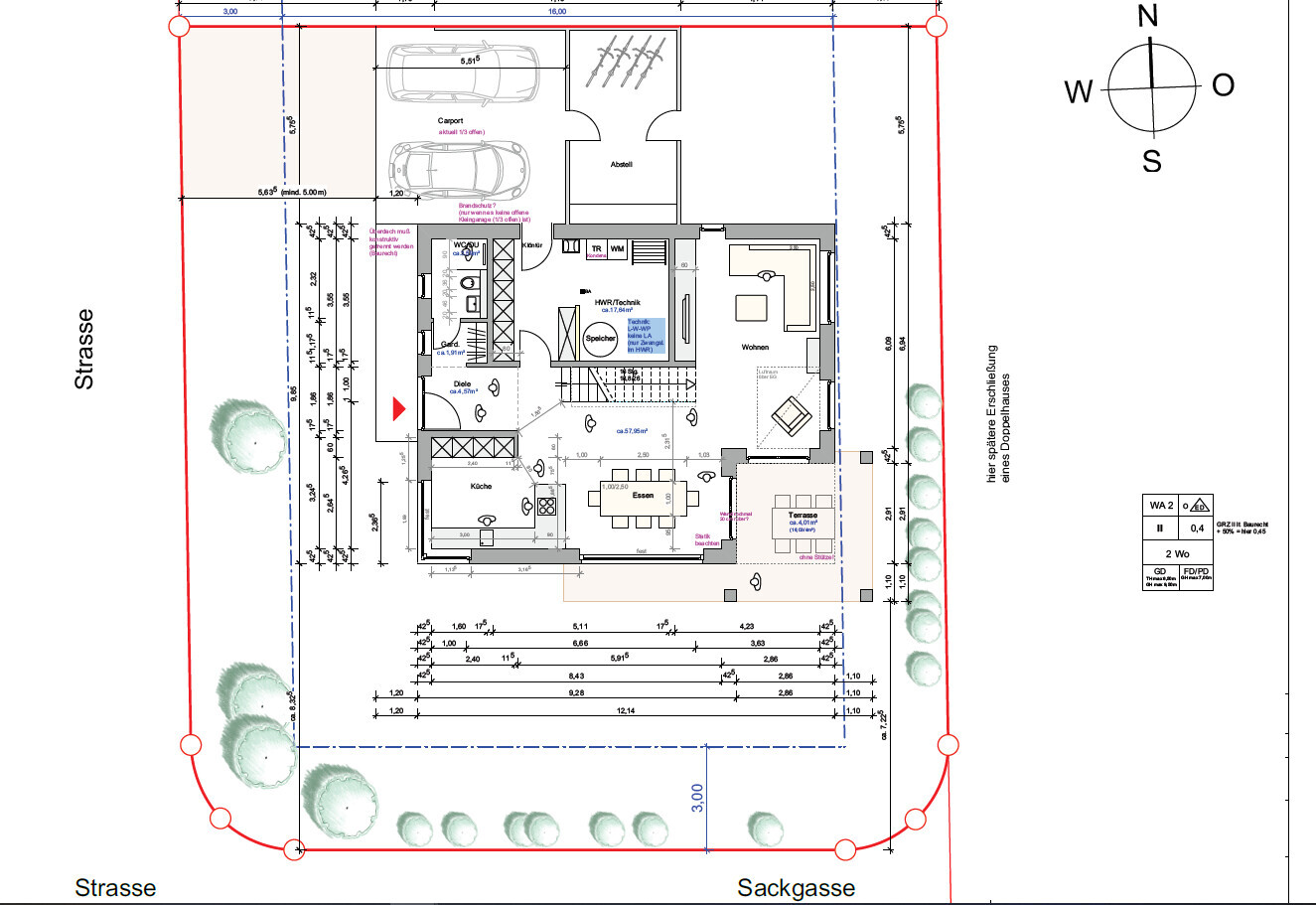 Floor plan of a residential house with carport, kitchen, dining room, living area, terrace and garden.